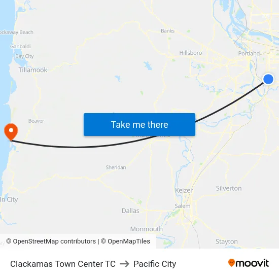 Clackamas Town Center TC to Pacific City map