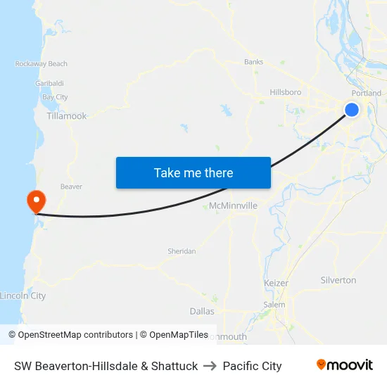 SW Beaverton-Hillsdale & Shattuck to Pacific City map