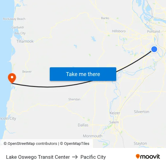 Lake Oswego Transit Center to Pacific City map