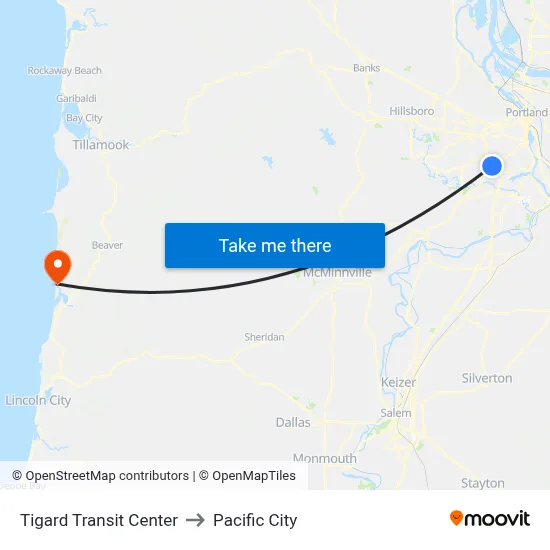 Tigard Transit Center to Pacific City map
