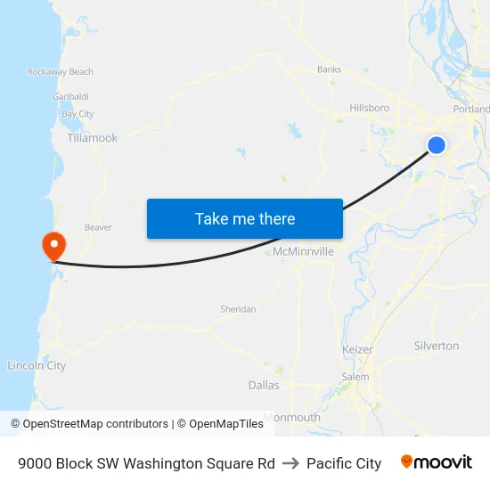 9000 Block SW Washington Square Rd to Pacific City map