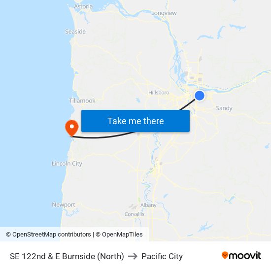 SE 122nd & E Burnside (North) to Pacific City map