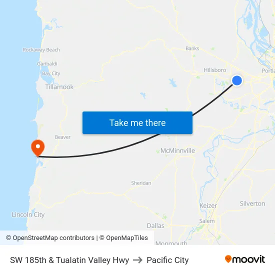 SW 185th & Tualatin Valley Hwy to Pacific City map