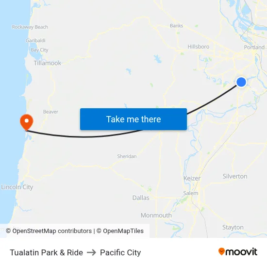 Tualatin Park & Ride to Pacific City map
