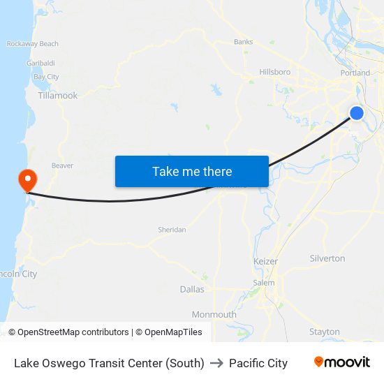 Lake Oswego Transit Center (South) to Pacific City map