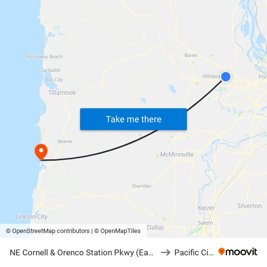 NE Cornell & Orenco Station Pkwy (East) to Pacific City map