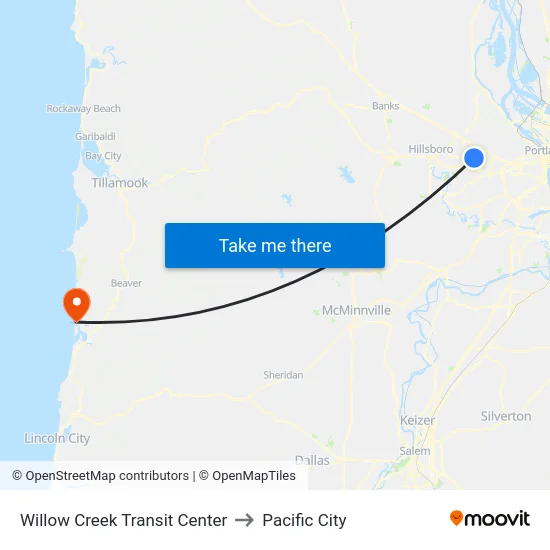 Willow Creek Transit Center to Pacific City map