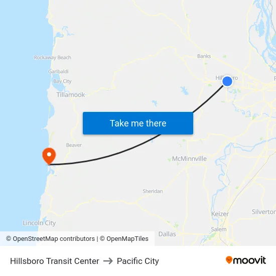 Hillsboro Transit Center to Pacific City map
