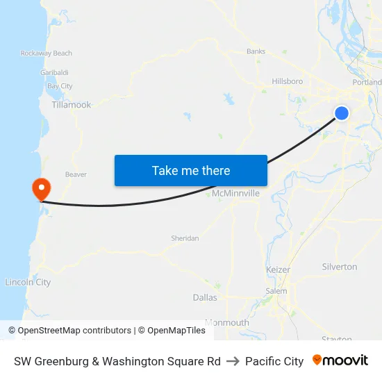 SW Greenburg & Washington Square Rd to Pacific City map