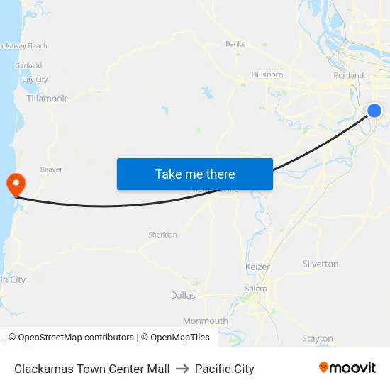 Clackamas Town Center Mall to Pacific City map