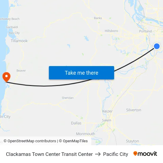 Clackamas Town Center Transit Center to Pacific City map