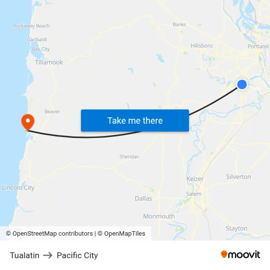 Tualatin to Pacific City map