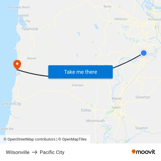 Wilsonville to Pacific City map