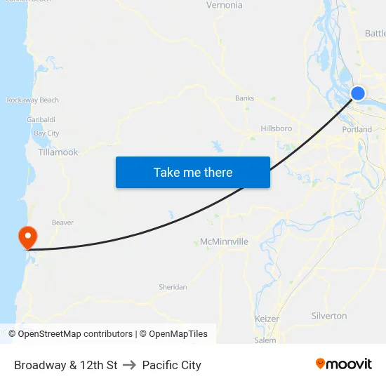 Broadway & 12th St to Pacific City map