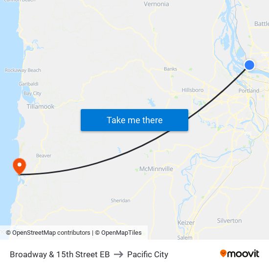 Broadway & 15th Street EB to Pacific City map