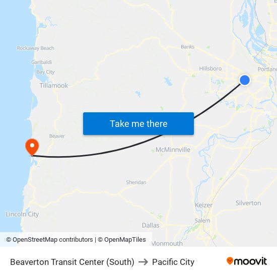 Beaverton Transit Center (South) to Pacific City map