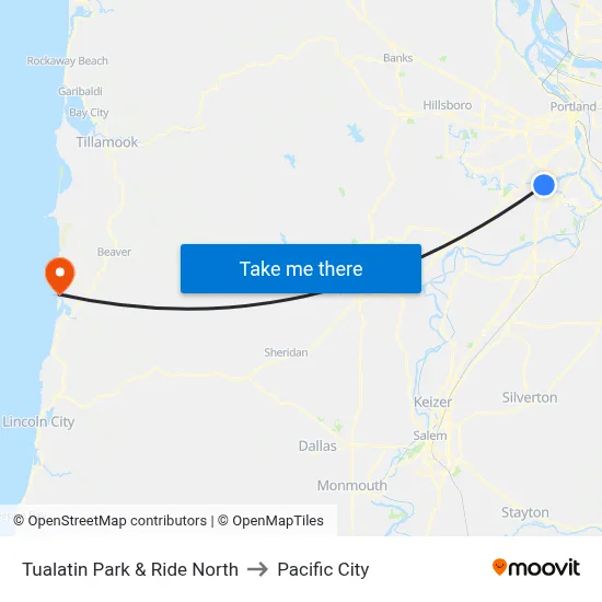 Tualatin Park & Ride North to Pacific City map