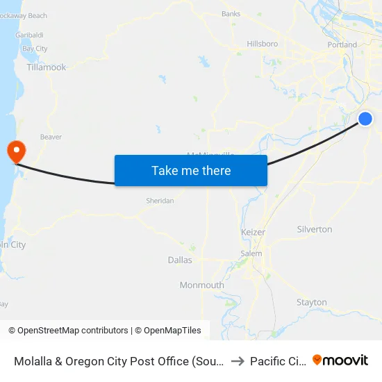 Molalla & Oregon City Post Office to Pacific City map