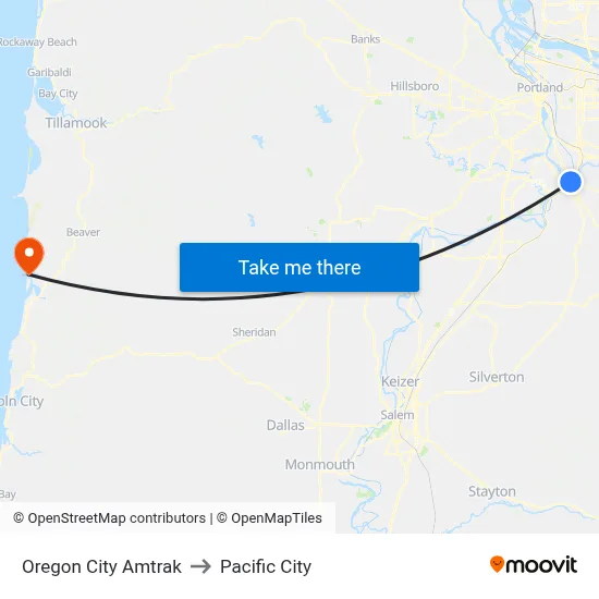 Oregon City Amtrak to Pacific City map
