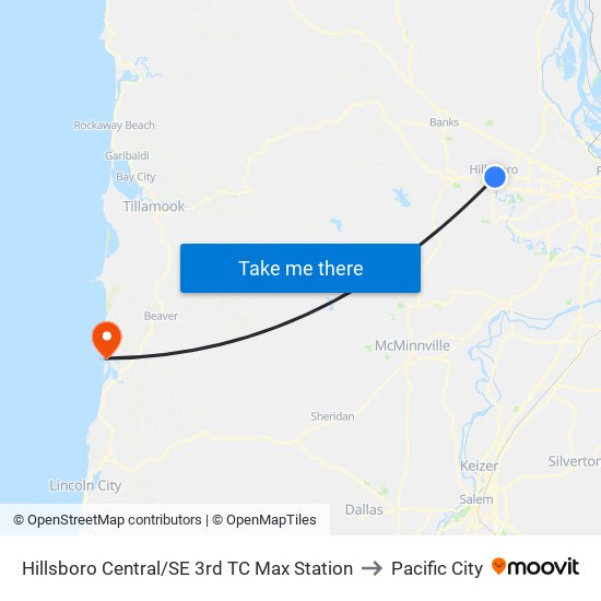 Hillsboro Central/SE 3rd TC Max Station to Pacific City map