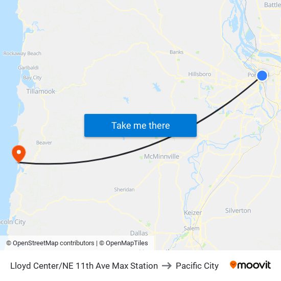 Lloyd Center/NE 11th Ave Max Station to Pacific City map