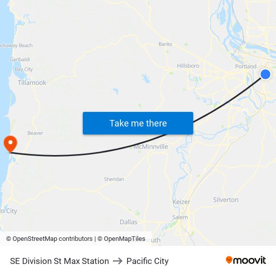 SE Division St Max Station to Pacific City map