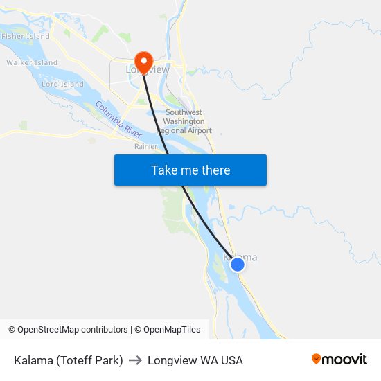 Kalama (Toteff Park) to Longview WA USA map