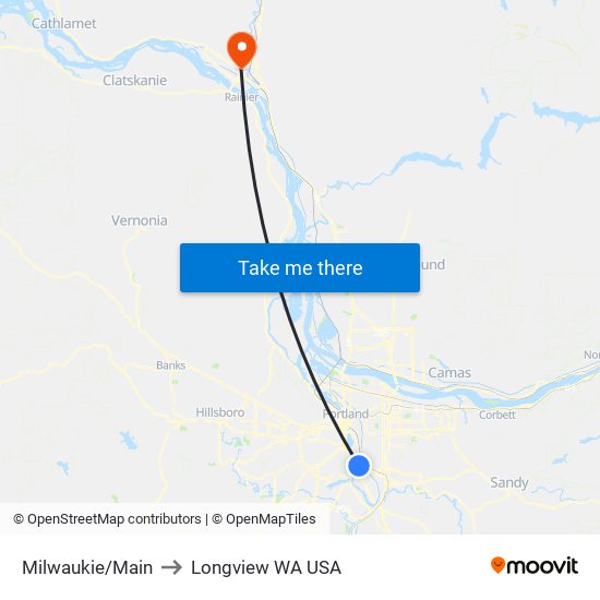 Milwaukie/Main to Longview WA USA map