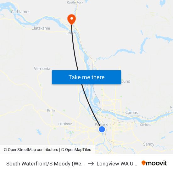 South Waterfront/S Moody (West) to Longview WA USA map