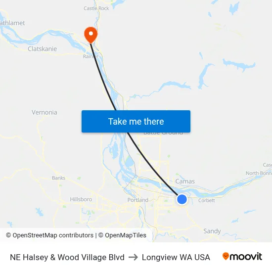 NE Halsey & Wood Village Blvd to Longview WA USA map