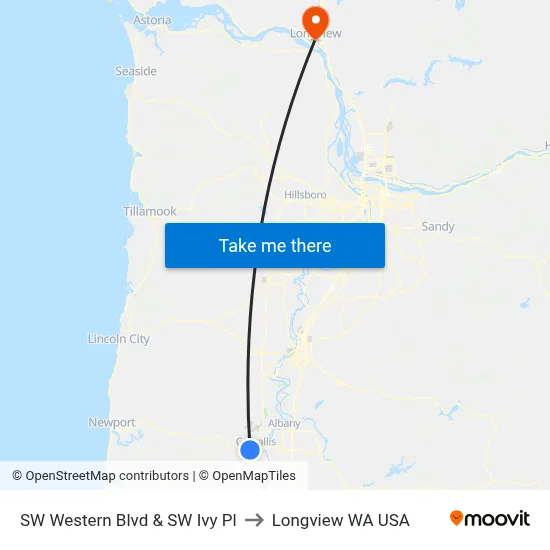 SW Western Blvd & SW Ivy Pl to Longview WA USA map