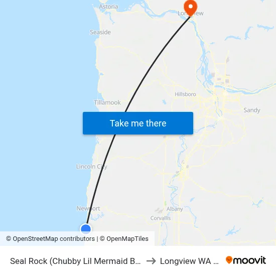 Seal Rock (Chubby Lil Mermaid Bakery) to Longview WA USA map