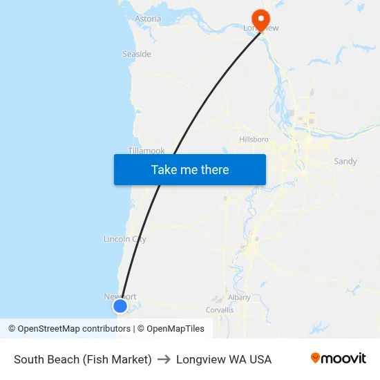 South Beach (Fish Market) to Longview WA USA map