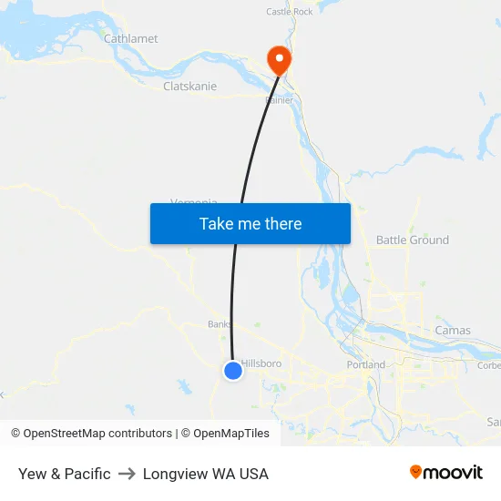 Yew & Pacific to Longview WA USA map