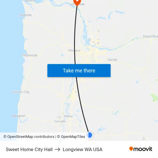 Sweet Home City Hall to Longview WA USA map