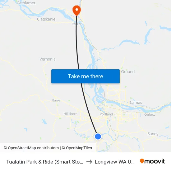 Tualatin Park & Ride (Smart Stop) to Longview WA USA map