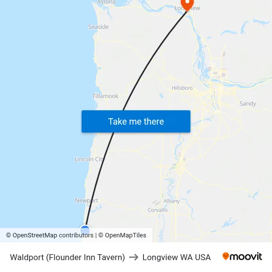 Waldport (Flounder Inn Tavern) to Longview WA USA map