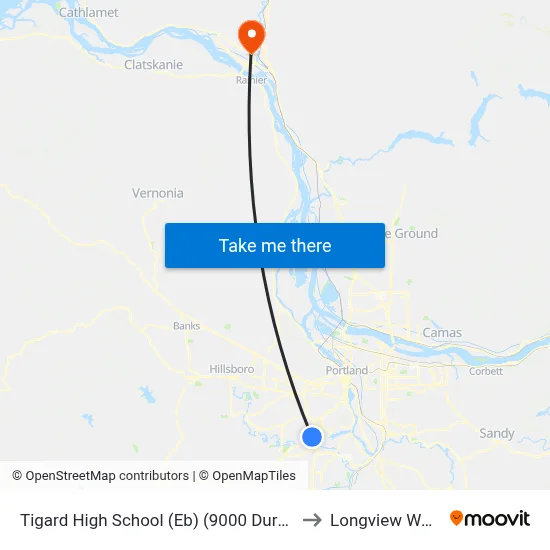 Tigard High School (Eb) (9000 Durham Road) to Longview WA USA map