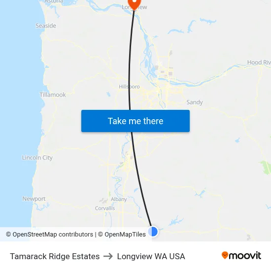 Tamarack Ridge Estates to Longview WA USA map