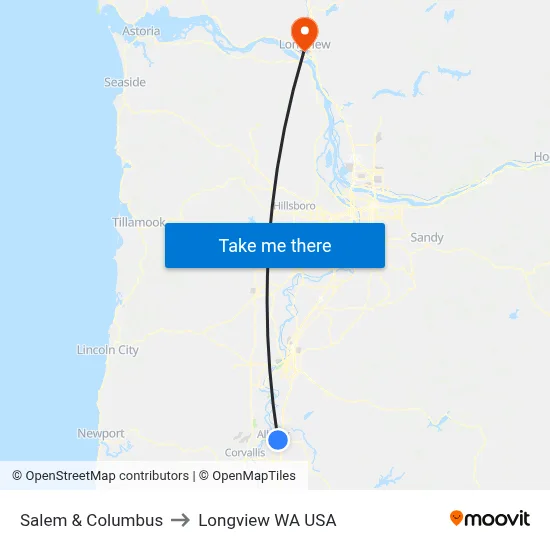 Salem & Columbus to Longview WA USA map