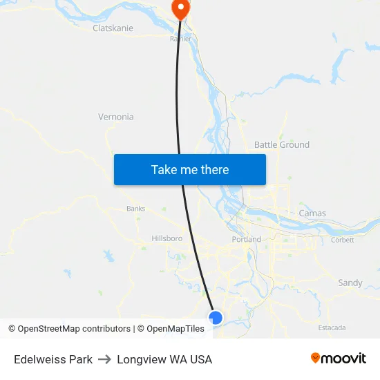 Edelweiss Park to Longview WA USA map