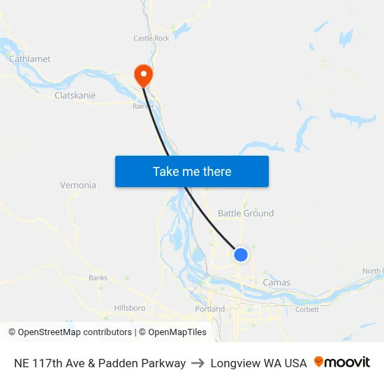 NE 117th Ave & Padden Parkway to Longview WA USA map