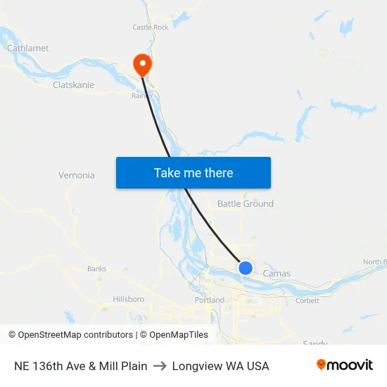 NE 136th Ave & Mill Plain to Longview WA USA map