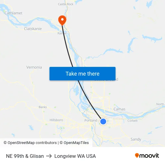 NE 99th & Glisan to Longview WA USA map