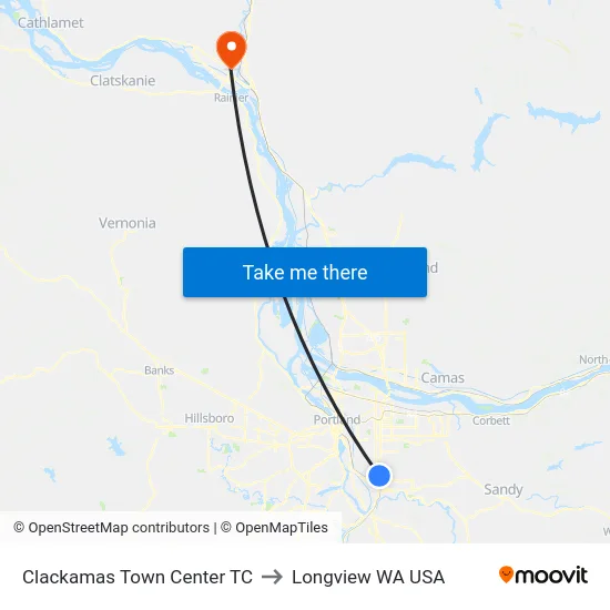 Clackamas Town Center TC to Longview WA USA map