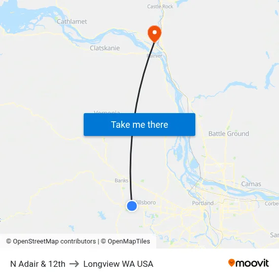 N Adair & 12th to Longview WA USA map