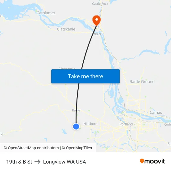 19th & B St to Longview WA USA map
