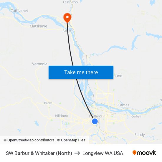 SW Barbur & Whitaker (North) to Longview WA USA map