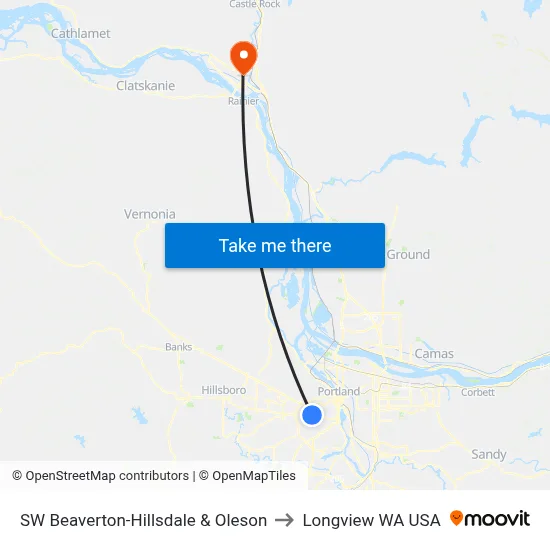 SW Beaverton-Hillsdale & Oleson to Longview WA USA map