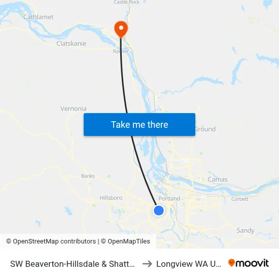 SW Beaverton-Hillsdale & Shattuck to Longview WA USA map